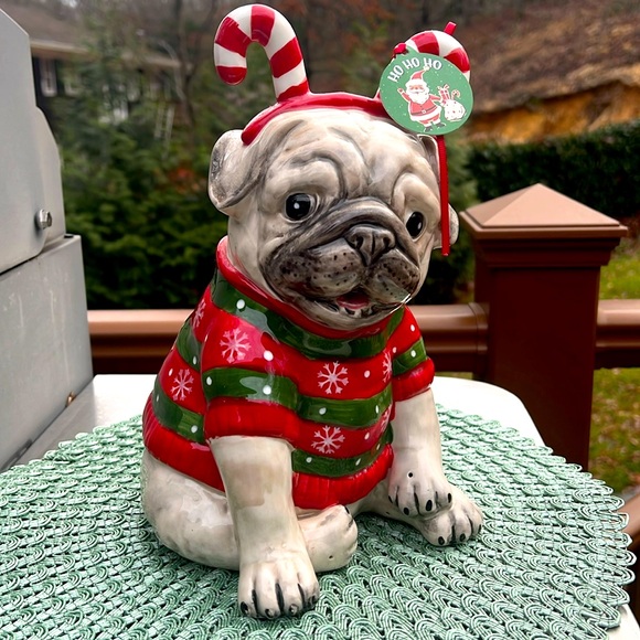 NWT Blue Sky Clayworks Christmas Pug wearing sweater & Candy-cane antlers. - Picture 1 of 8